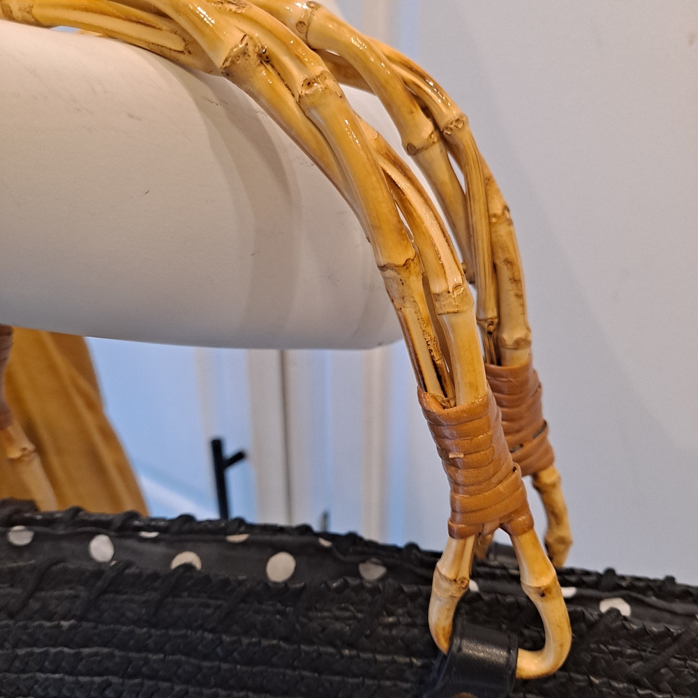 Elegant Black Woven Straw Tote with Twisted Bamboo Handles & Leather Accents - Picture 2 of 12